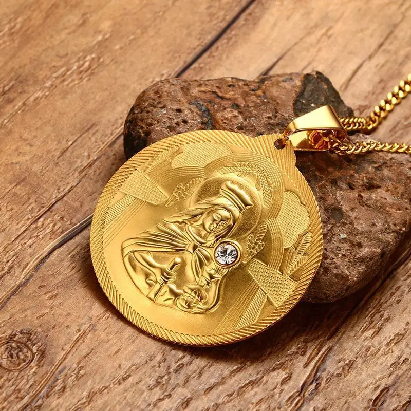 Men Golden Mary Mother of Jesus Round Medallion CZ Pendant Necklace Stainless Steel St Benedict Virgin Mary Necklaces Jewelry
Men Golden Mary Mother of Jesus Round Medallion CZ Pendant Necklace Stainless Steel St Benedict Virgin Mary Necklaces Jewelry