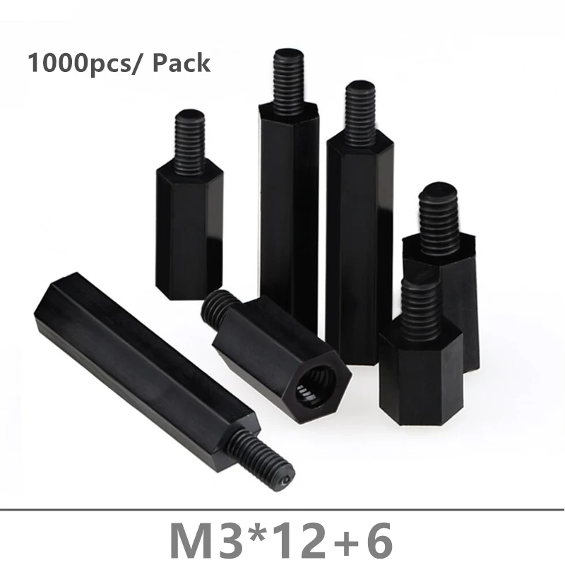 1000pcs Black Nylon spacer M3*12+6 Hex Nylon standoff spacers M3x12+6mm for PCB board Fix theaded pillars
1000pcs Black Nylon spacer M3*12+6 Hex Nylon standoff spacers M3x12+6mm for PCB board Fix theaded pillars