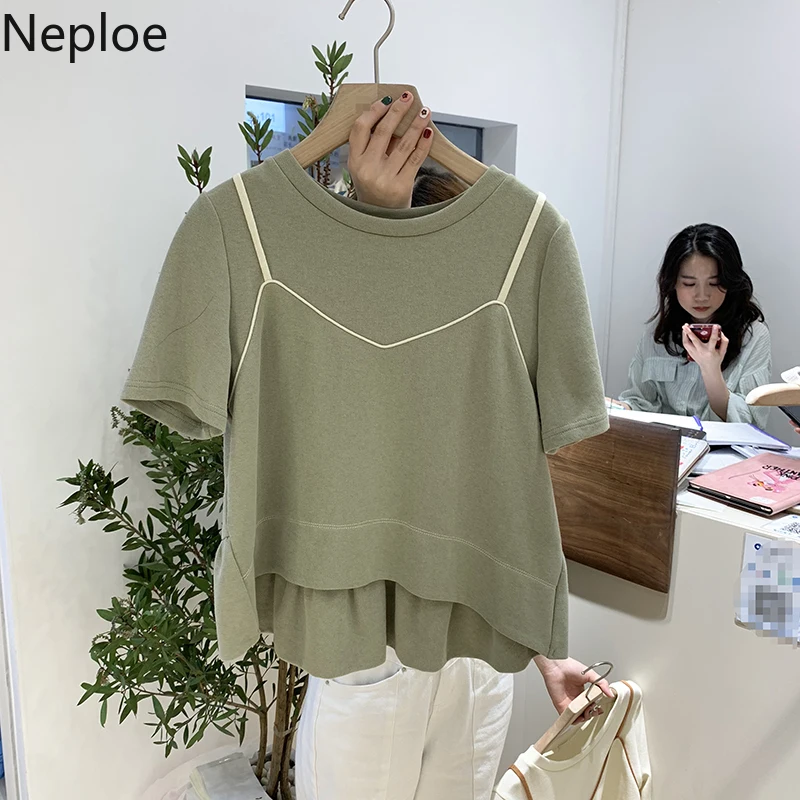 Neploe Fake Two Piece Women Tops New Arrival O-Neck Short Sleeve Tees Loose Cotton Irregualr Length T Shirts 43644
Neploe Fake Two Piece Women Tops New Arrival O-Neck Short Sleeve Tees Loose Cotton Irregualr Length T Shirts 43644