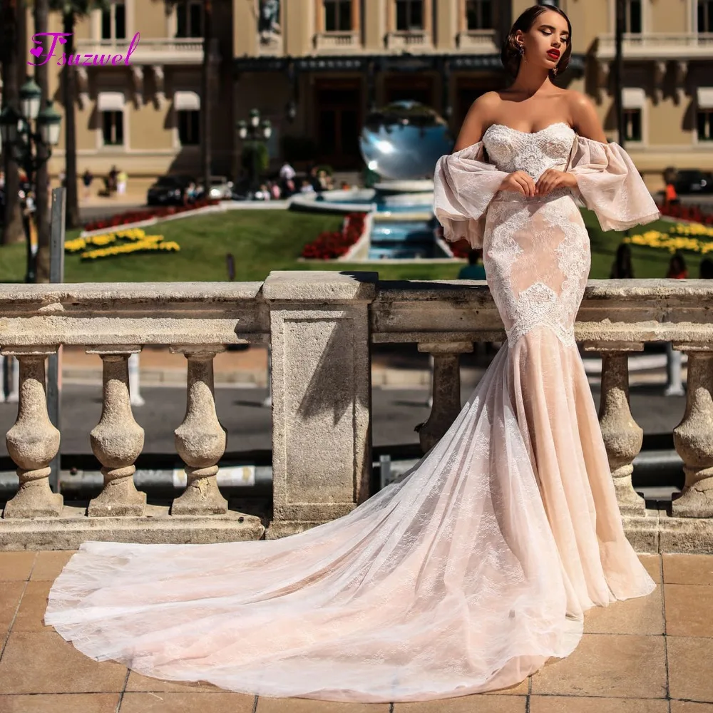 Fsuzwel Sexy Strapless Beaded Mermaid Wedding Dress 2020 Graceful Appliques Lace Half Sleeve Trumpet Bride Gown Vestido de Noiva
Fsuzwel Sexy Strapless Beaded Mermaid Wedding Dress 2020 Graceful Appliques Lace Half Sleeve Trumpet Bride Gown Vestido de Noiva