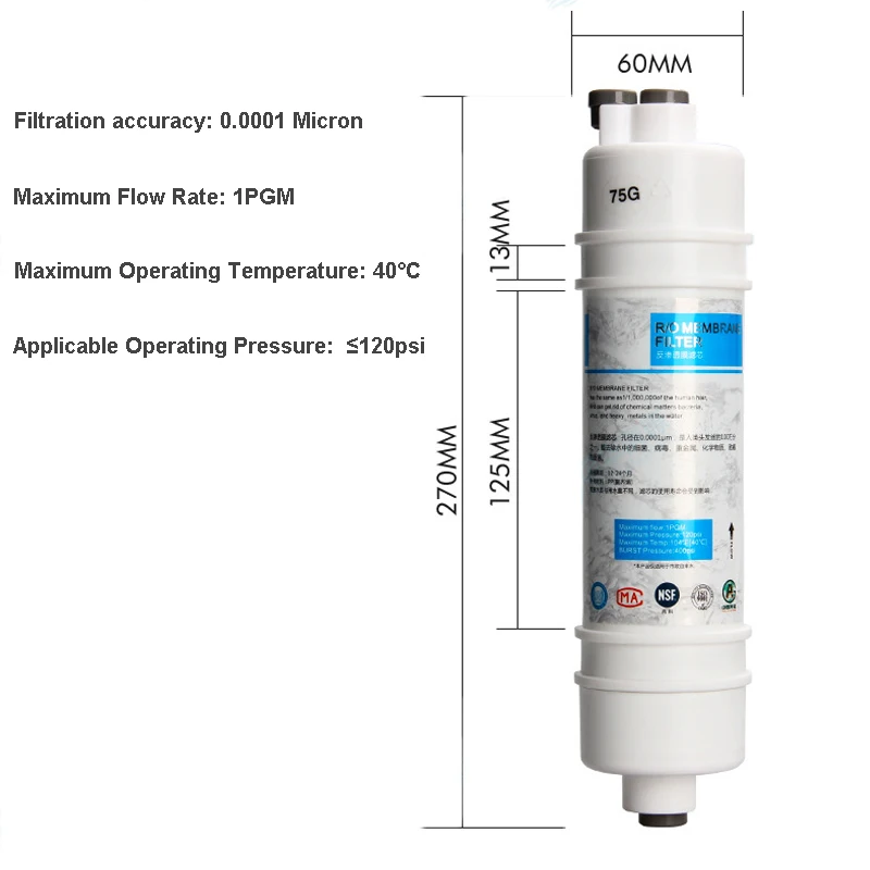 Description Picture 6 of item10 Inch SOOEL Quick connect 75G RO Membrane Filter WATER FILTER Cartridge with 2 fitting Water Purifier Aquarium REVERSE OSMOSIS