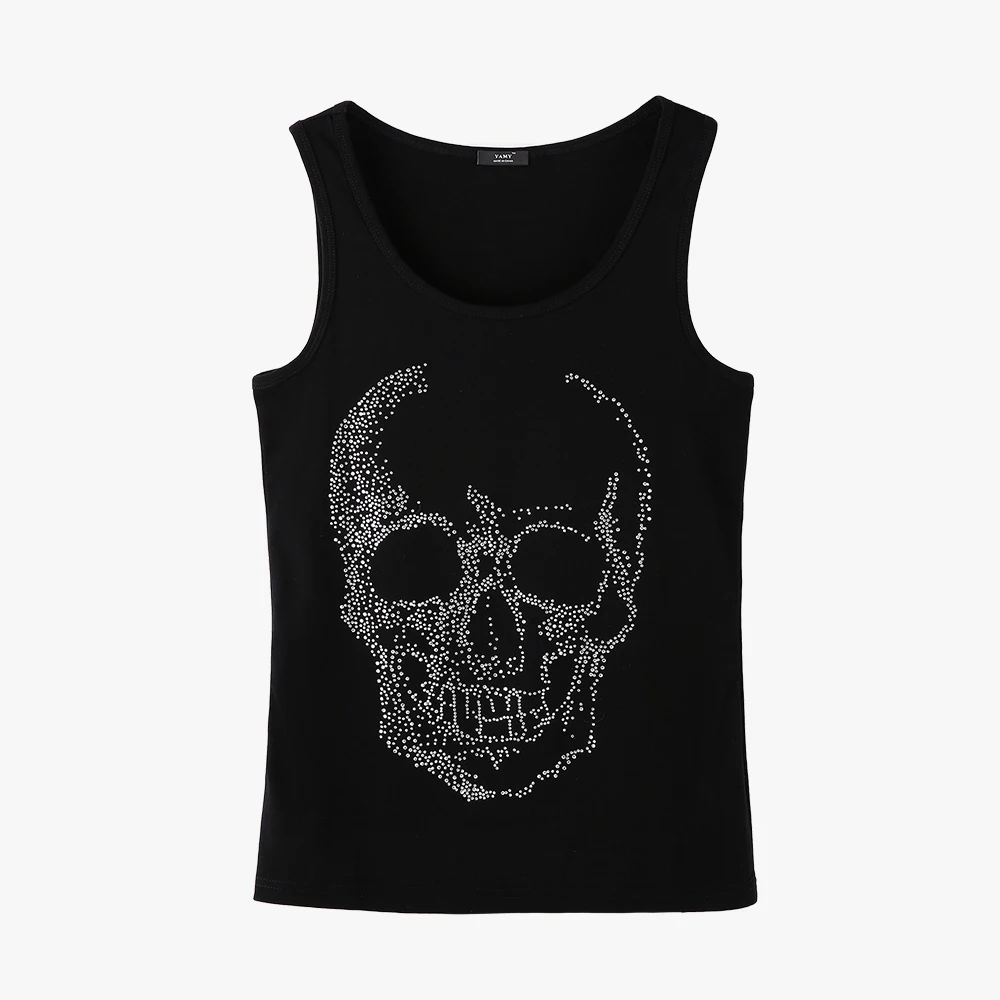 Punk Style Hot Fix Rhinestone Skull Print Womens Sleeveless T Shirt Hiphop Black Top Female Camiseta Mujer Womens Casual T Shirt
Punk Style Hot Fix Rhinestone Skull Print Womens Sleeveless T Shirt Hiphop Black Top Female Camiseta Mujer Womens Casual T Shirt