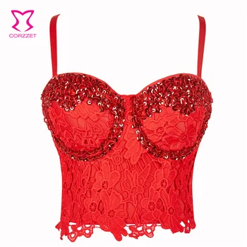 Red Beaded Sequined Floral Lace Bustier Crop Top Corset Push Up Rhinestone Brassieres sexy bra women Stage Dance party wear Bras
Red Beaded Sequined Floral Lace Bustier Crop Top Corset Push Up Rhinestone Brassieres sexy bra women Stage Dance party wear Bras
