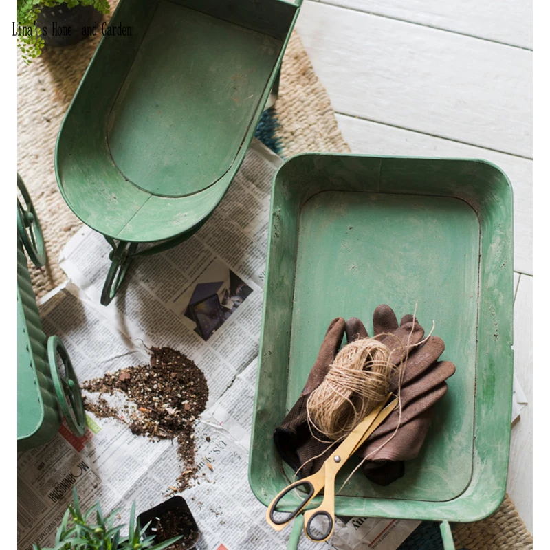 hand made antique retro green metal flower cart planters (4)