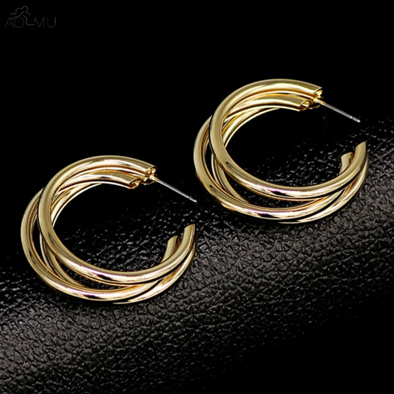 AOMU Korea Simple three Layer Metal Tube Copper Plated Gold Silver Round Circle C Shape Hoop earrings for Women Girl 3.2cm
AOMU Korea Simple three Layer Metal Tube Copper Plated Gold Silver Round Circle C Shape Hoop earrings for Women Girl 3.2cm