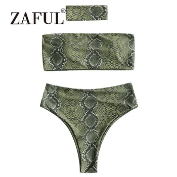 

ZAFUL Snakeskin Bikini Sexy Print Bandeau Bikini with Choker Women Swimsuit Strapless High Waist Swimwear High Cut Beach Buquni