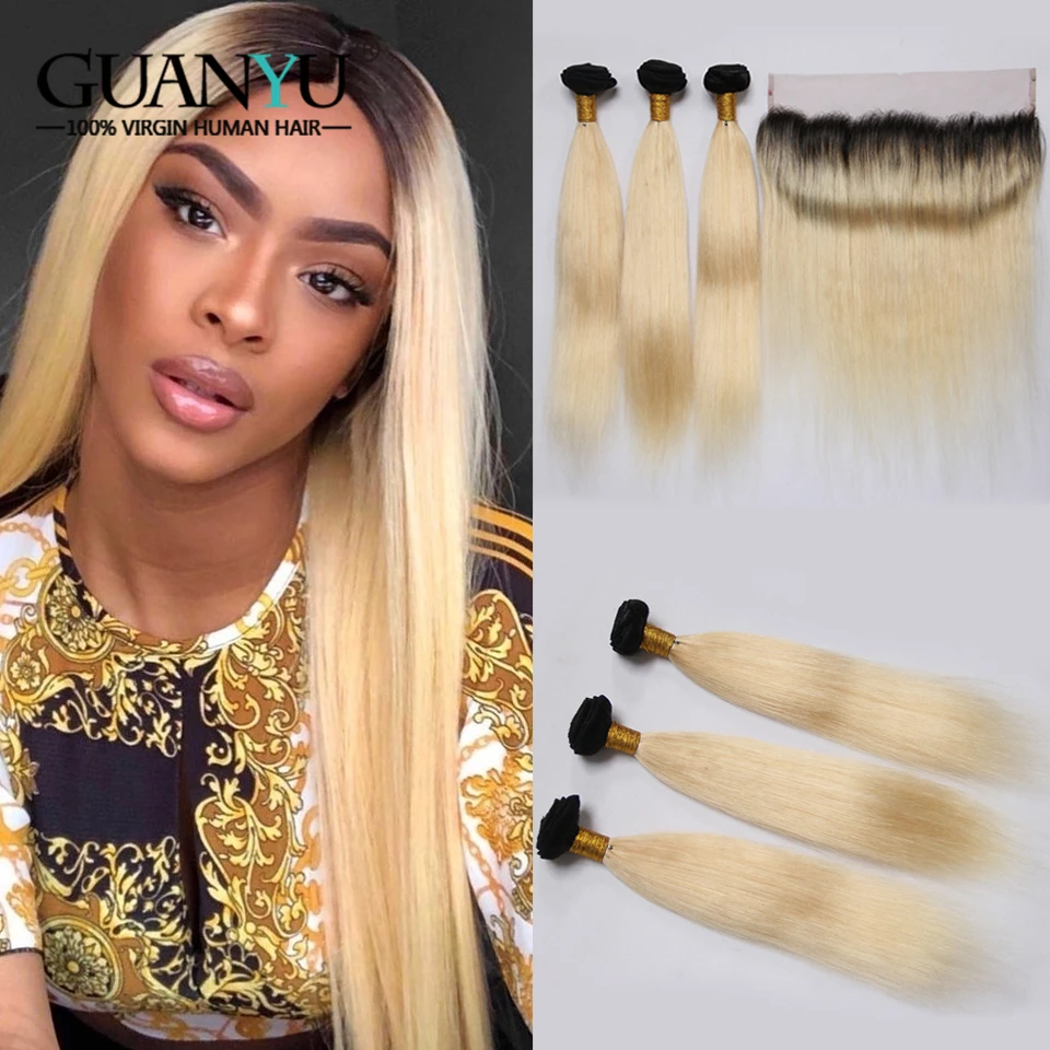 

Guanyuhair Remy 1B/613 Ombre Peruvian Straight Hair Bundles With 13X4 Lace Frontal 2 Tone Black Blonde Human Hair With Dark Root