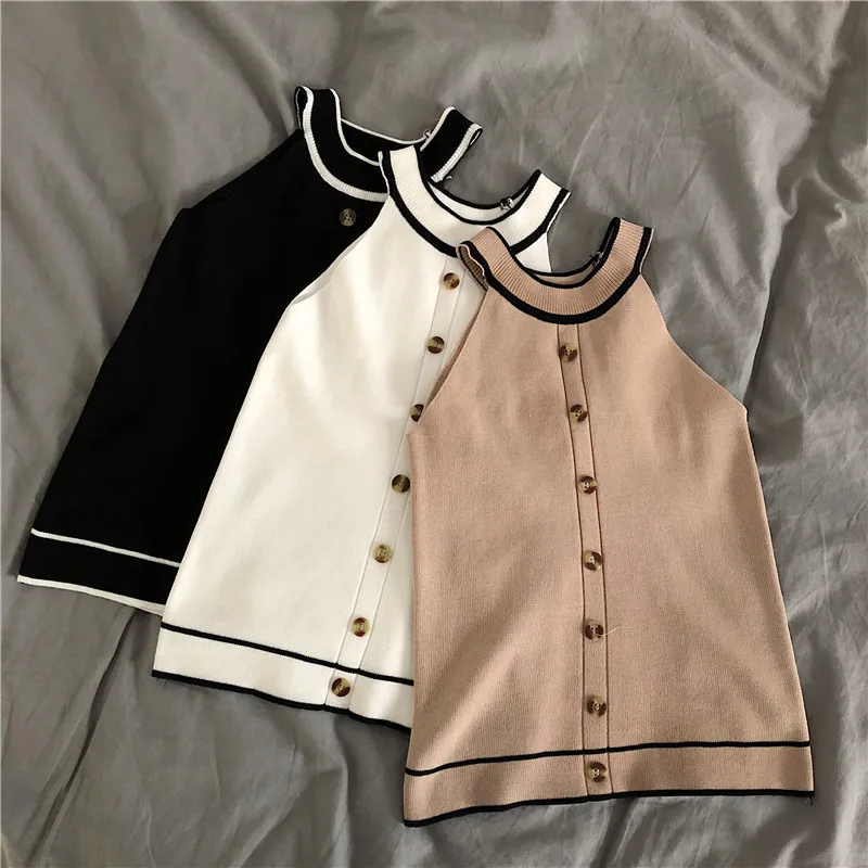 Halter Tank Top Women 3 Pcs/Lot Summer T shirt Crop Top Knitted Buttons Stretchy Color Block Sexy Vest Black White Beige T95691
Halter Tank Top Women 3 Pcs/Lot Summer T shirt Crop Top Knitted Buttons Stretchy Color Block Sexy Vest Black White Beige T95691