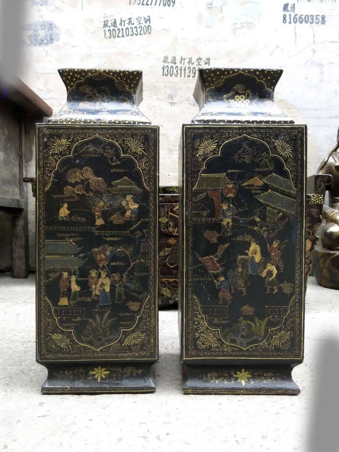 20" China old handwork wood lacquerware exquisite four sides Vases pair Statue A(0505)
20" China old handwork wood lacquerware exquisite four sides Vases pair Statue A(0505)