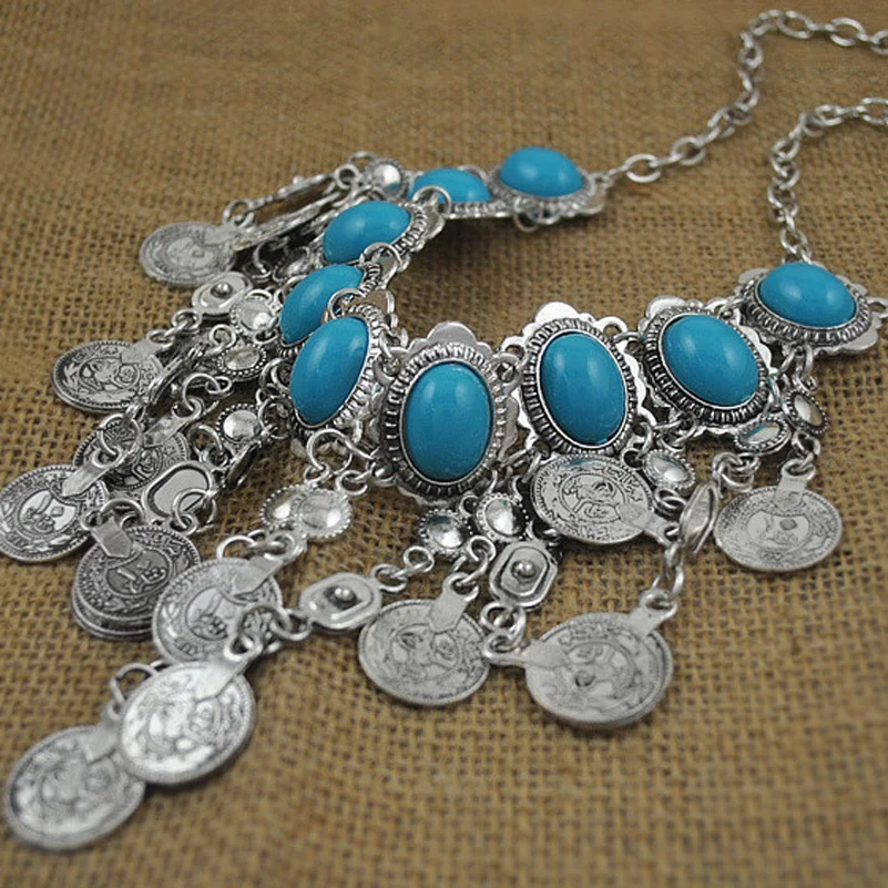 

Bohemia Silver Zamac Jewelry Blue Gem Turkish Gypsy Ethnic Tribal Coin Tassel Statement Necklace