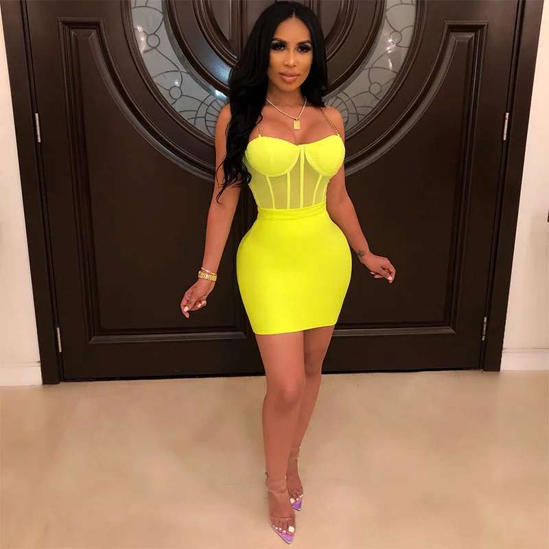 Neon Lime Green Mesh See Trough Sleeveless Metal Strap Knee Length Bodycon Dress Sexy Two Piece Set Bra Top + Vestidos Clubwear
Neon Lime Green Mesh See Trough Sleeveless Metal Strap Knee Length Bodycon Dress Sexy Two Piece Set Bra Top + Vestidos Clubwear