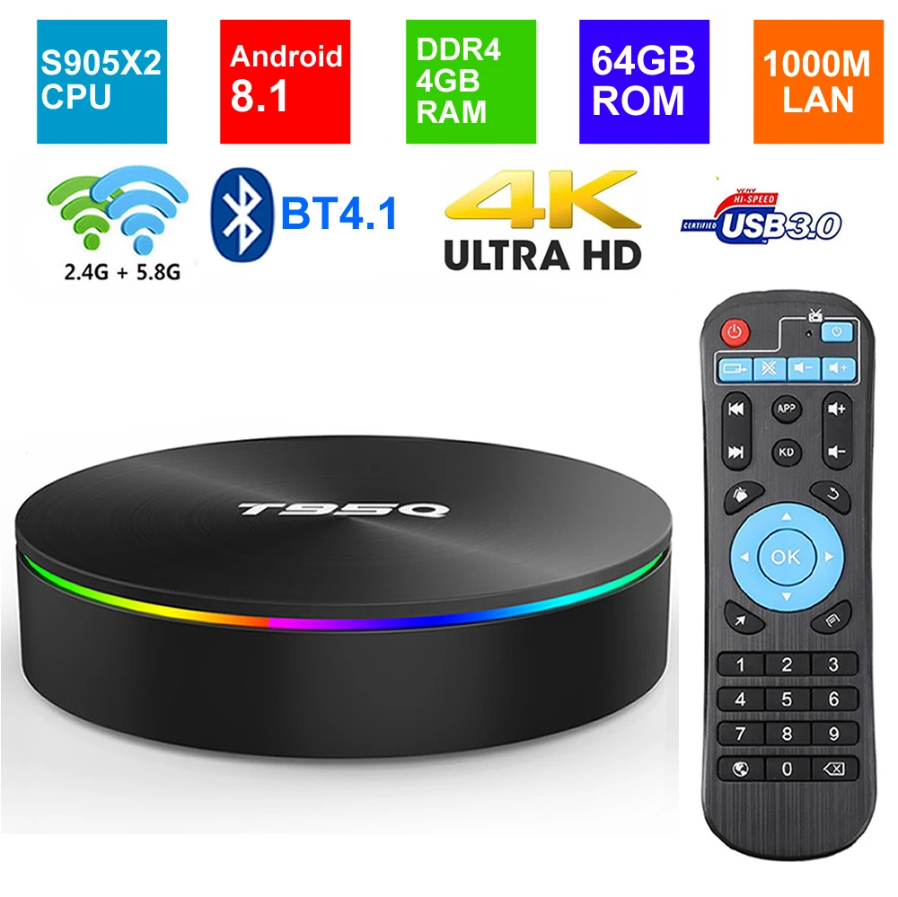 

Android 8.1 Smart TV BOX T95Q DDR4 4GB RAM 64G ROM Amlogic S905X2 Quad core 2.4G/5G Dual WIFI BT4.1 1000M USB3.0 4K Media Player