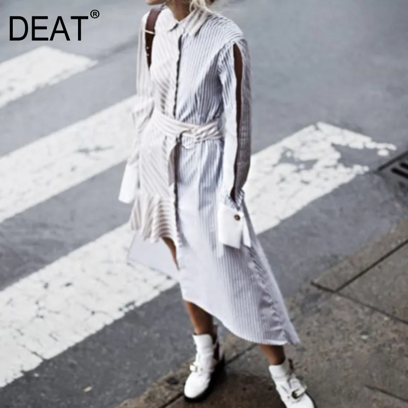 DEAT Spring summer 2019 Woman Striped Irregular High Waist Ruffles Split Joint Long Sleeve Backless Shirt Female Dress TA908
DEAT Spring summer 2019 Woman Striped Irregular High Waist Ruffles Split Joint Long Sleeve Backless Shirt Female Dress TA908
