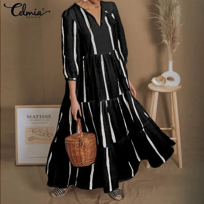 Women Long Dress Celmia 2019 Fashion V Neck Casual Loose Vintage Pleated Striped Sundress Female Party Vestidos Robe Plus Size
Women Long Dress Celmia 2019 Fashion V Neck Casual Loose Vintage Pleated Striped Sundress Female Party Vestidos Robe Plus Size