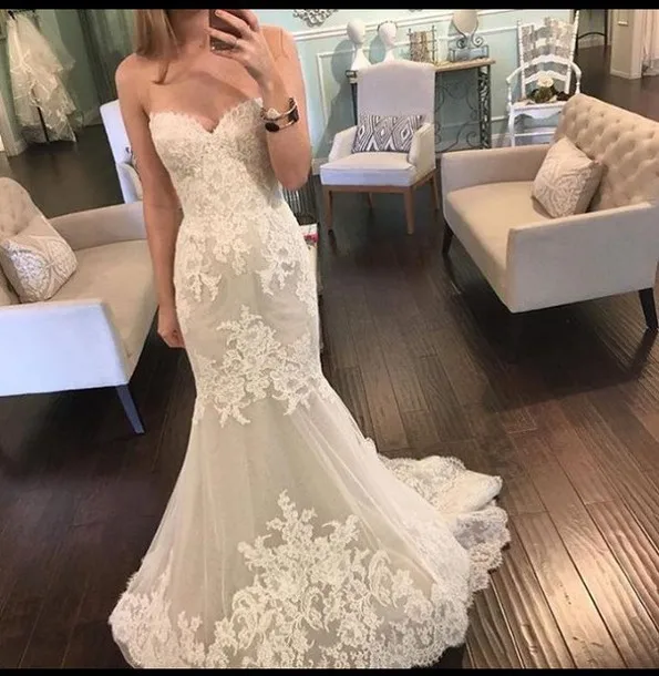 Vintage Lace Mermaid Wedding Dress Custom Made Sweetheart Nice Appliques Dress For Wedding 2016
Vintage Lace Mermaid Wedding Dress Custom Made Sweetheart Nice Appliques Dress For Wedding 2016