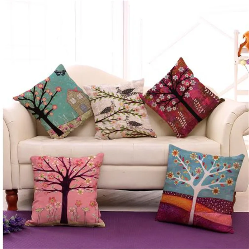 

18" Cotton Linen Color Tree Print Pillow Bed Sofa Home Decorative Cushion Fundas Para Almofadas Cojines No Inner