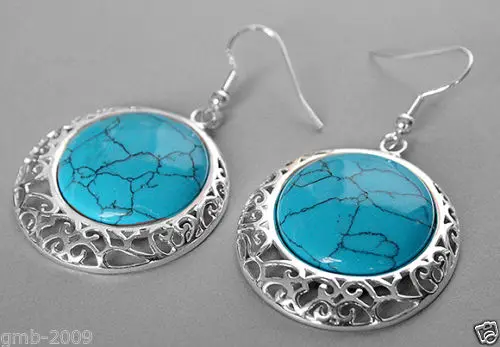 

hot sell new - 925 Sterling Silver Natural Blue Turquoise Coin Dangle Earrings