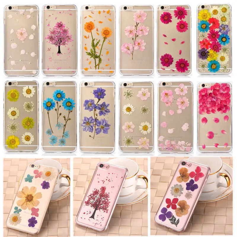 

Dried Real Flower Phone Case For iPhone 5 SE 5S 6 6S Plus Handmade Clear Pressed Soft TPU Back Cover For iPhone X 8 7 Plus Cases