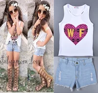 Summer Style HeartShaped Pattern Children Set White W F Sleeveless T-shirt+Denim Shorts Female Baby Suit Childrens Clothing nino image