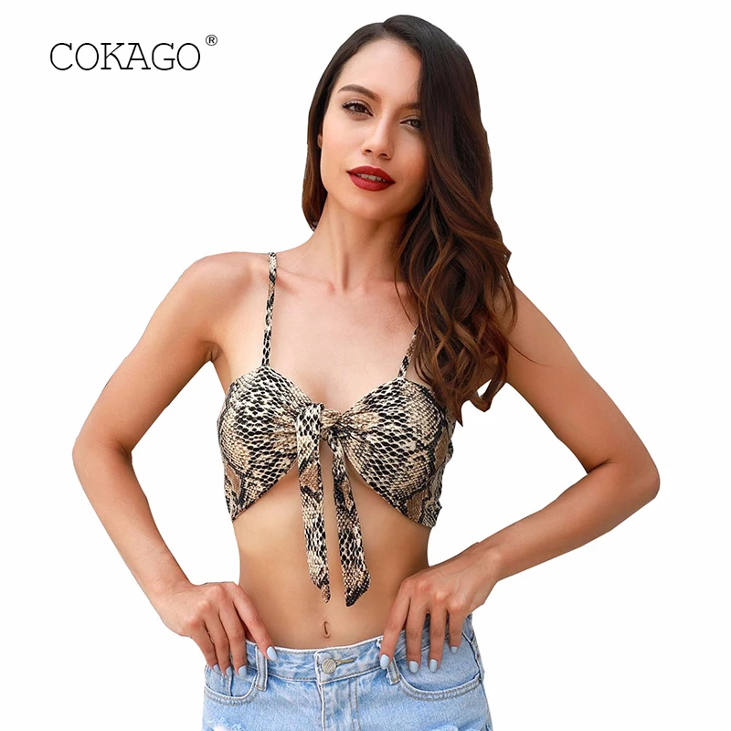 

COKAGO Snake Skin Women's Bralette Crop Top Sexy Knotted Spaghetti Strap Cami Women Summer Tops 2019 Sleeveless Streetwear Vest