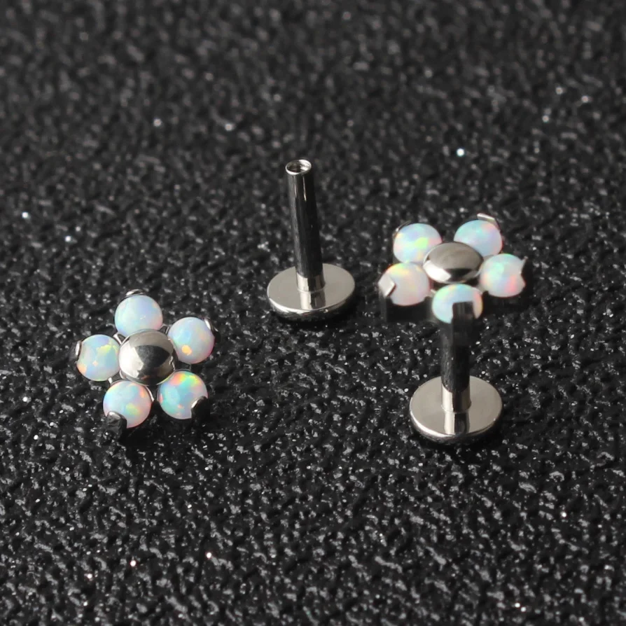 2pcs Titanium G23 Opal Flower Labret Lip Piercing Ear Helix Tragus Cartilage Stud Body Jewelry