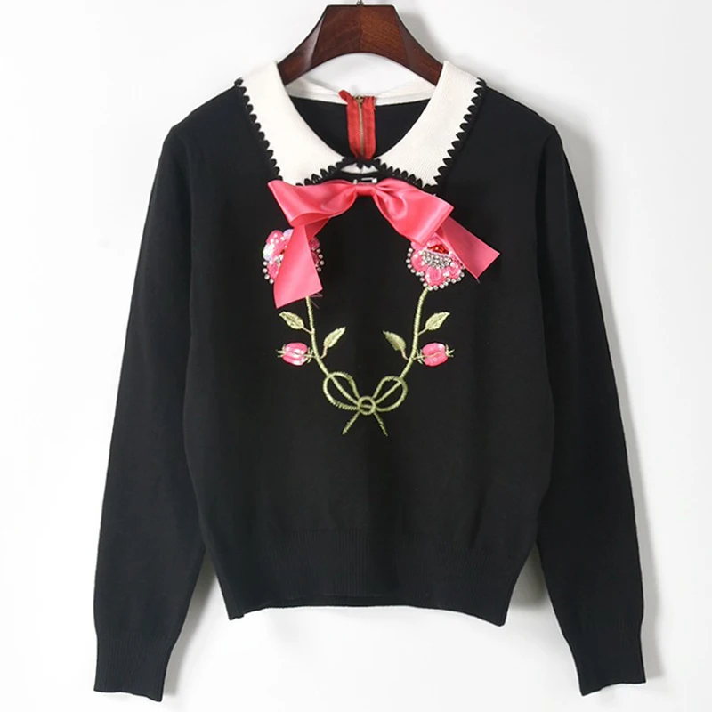 18 selling women's sweaters autumn and winter new sweet sweater bow doll collar embroidery Sequin sweater women's clothing 51608
18 selling women's sweaters autumn and winter new sweet sweater bow doll collar embroidery Sequin sweater women's clothing 51608