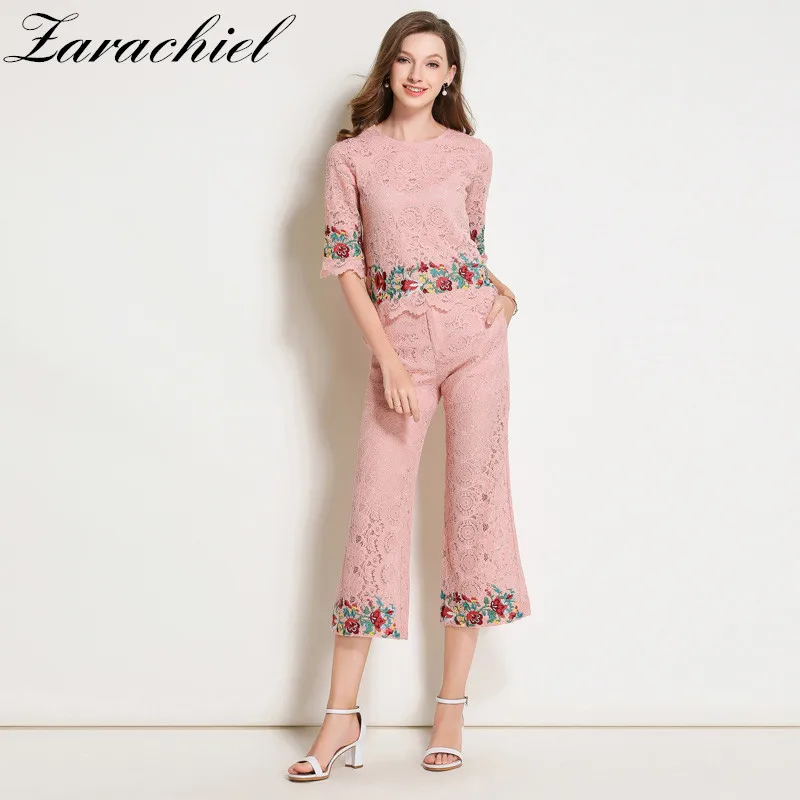 Runway Pink Two Piece Set Women 2019 New Fashion Flower Embroidery Lace Top and Wide Leg Pants Suits Sets Summer Ladies Outfits
Runway Pink Two Piece Set Women 2019 New Fashion Flower Embroidery Lace Top and Wide Leg Pants Suits Sets Summer Ladies Outfits