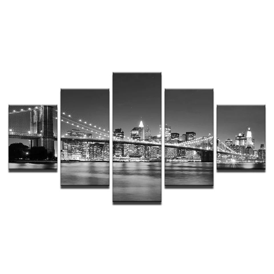 Canvas-HD-Prints-Pictures-Framework-5-Pieces-Black-White-Brooklyn-Bridge-City-Night-View-Paintings-Home (4)