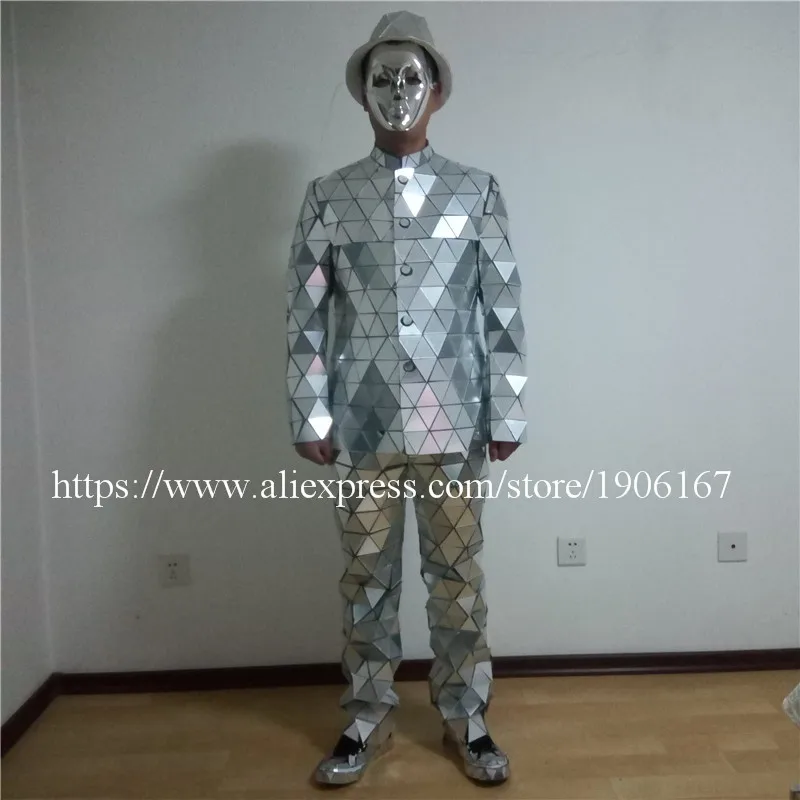 Catwalk Shows Men Silver Color Stage Ballrooom Costume Mirror Man Clothing Party Christmas Performance DJ Singer Clothes Suit02