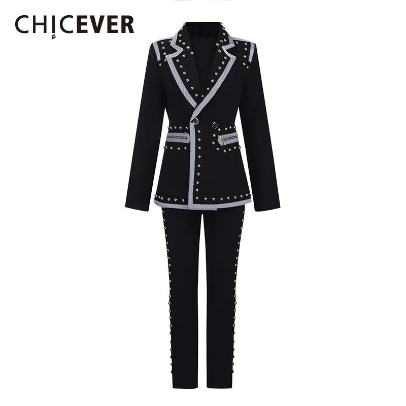 CHICEVER Summer Hit Color Striped Rivet Women Two Piece Suit Lapel Long Sleeve Coat With Elastic Waist Straight Pants Sets 2019
CHICEVER Summer Hit Color Striped Rivet Women Two Piece Suit Lapel Long Sleeve Coat With Elastic Waist Straight Pants Sets 2019