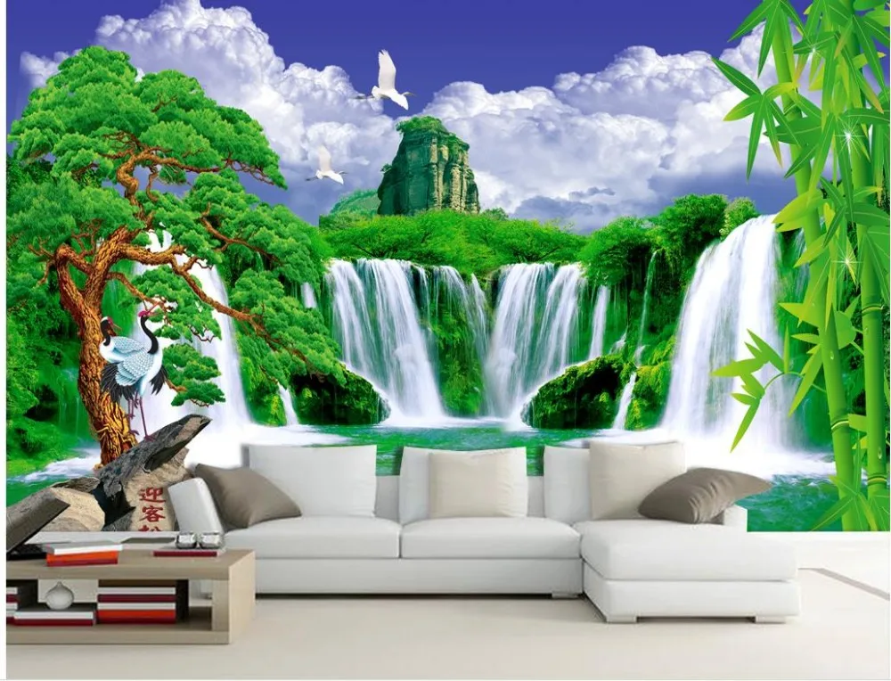 

Home Decoration Blue sky and white clouds Waterfall welcoming pine landscape bamboo wallpaper for painting