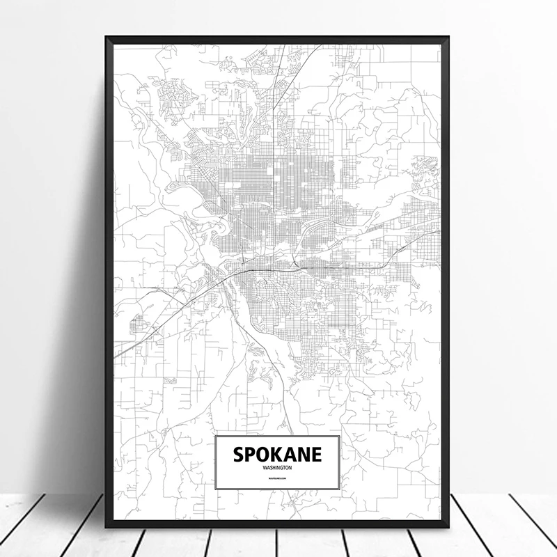 Spokane Washington США Черный Белый пользовательский карта городов мира плакат холст