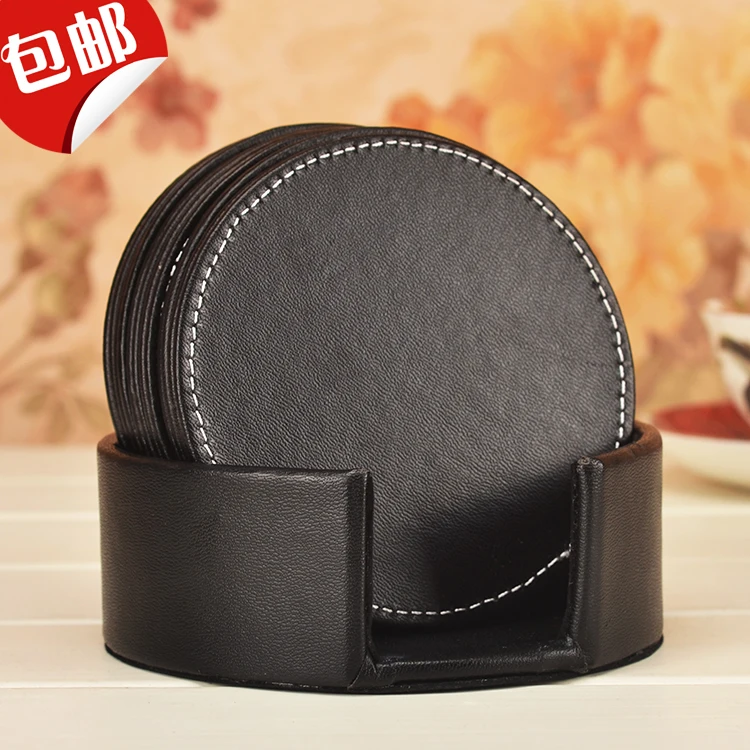 Set of 6 pcs small leather coasters with holder 
Set of 6 pcs small leather coasters with holder