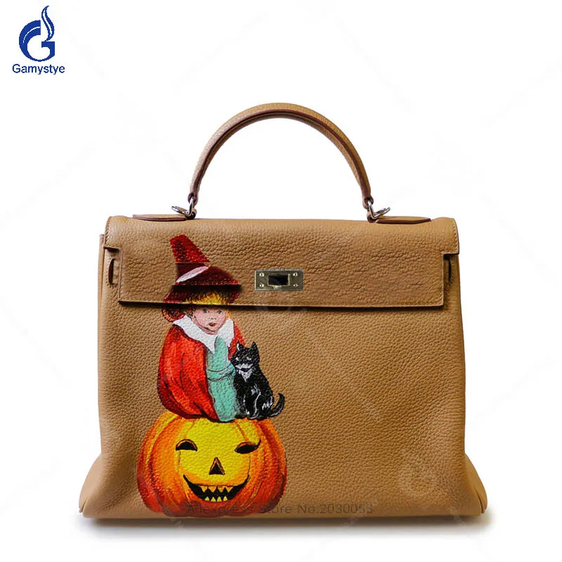 Art Hand Painted Graffiti Halloween Pumpkin Handbag Women Genuine Leather Bags Togo Woman Famous Brand Designer Totes Bag Y
Art Hand Painted Graffiti Halloween Pumpkin Handbag Women Genuine Leather Bags Togo Woman Famous Brand Designer Totes Bag Y