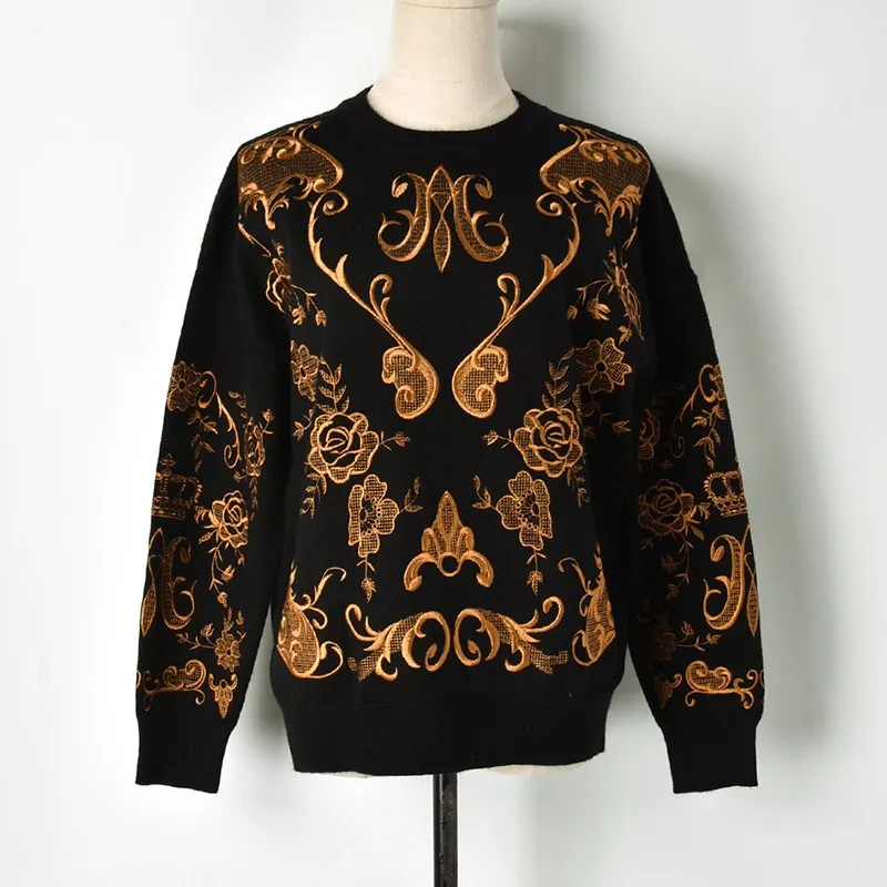 Luxury Brand Gold Thread Floral Embroidery Women Sweater Pullovers Ladies Runway Designer Knit Jumper Clothes Autumn Winter 2018
Luxury Brand Gold Thread Floral Embroidery Women Sweater Pullovers Ladies Runway Designer Knit Jumper Clothes Autumn Winter 2018