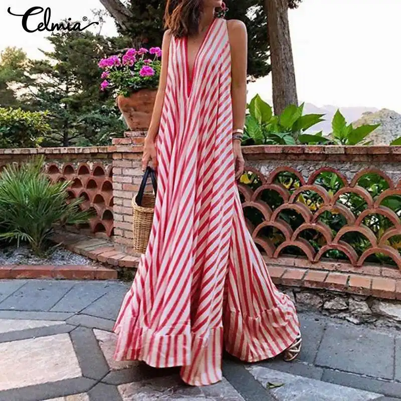 Celmia Women Vintage Striped Maxi Long Dress 2019 Summer Sexy V-neck Casual Loose Ruffles Party Vestidos Robe Femme Plus Size
Celmia Women Vintage Striped Maxi Long Dress 2019 Summer Sexy V-neck Casual Loose Ruffles Party Vestidos Robe Femme Plus Size