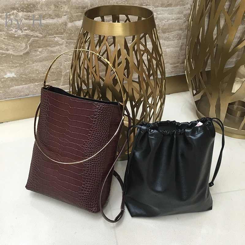 

by H luxury designers black burgundy brown ladies string bucket bag embossed crocodile shoulder bag metal handle alligator totes