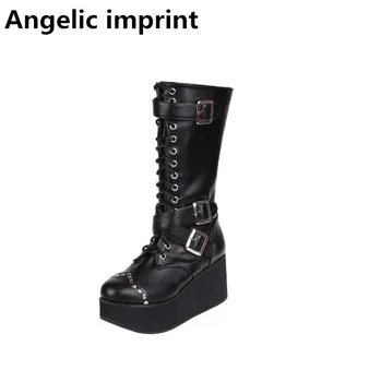 Angelic imprint mori girl Women punk motorcycle boots lady lolita Boots woman high trifle heels pumps platform rivets buckle 46 
Angelic imprint mori girl Women punk motorcycle boots lady lolita Boots woman high trifle heels pumps platform rivets buckle 46
