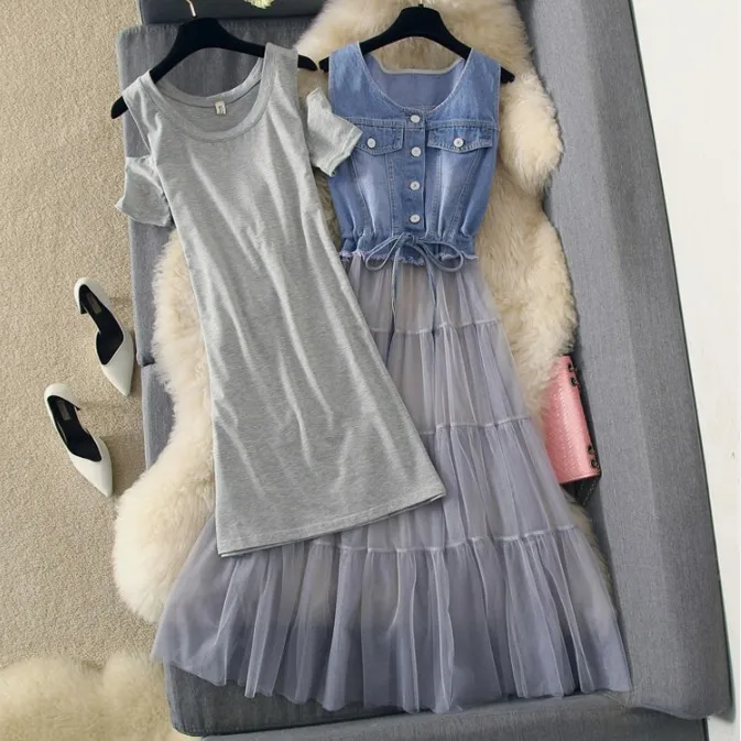 2019 New Spring Summer Women Hollow Shoulder Long T-shirt Dress + Denim Stitching Mesh Dress Two-piece Girls Dress Set
2019 New Spring Summer Women Hollow Shoulder Long T-shirt Dress + Denim Stitching Mesh Dress Two-piece Girls Dress Set