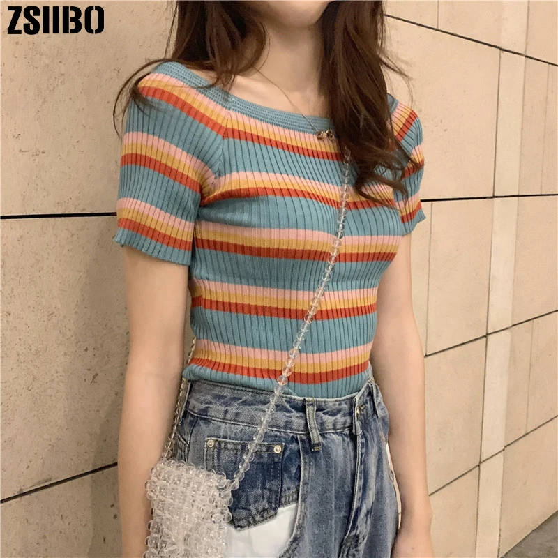 Beautiful girl rainbow striped sweater summer new women's Harajuku retro casual fashion O-neck short-sleeved women's T-shirt top
Beautiful girl rainbow striped sweater summer new women's Harajuku retro casual fashion O-neck short-sleeved women's T-shirt top