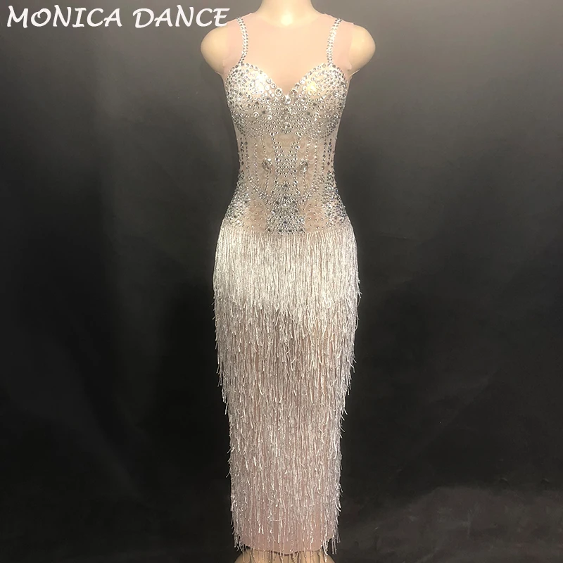 Women Glisten Rhinestones Tassel Perspective Dress for Singer Bar Dress Birthday Celebrate Costume Mesh Long Dress Stones Wear
Women Glisten Rhinestones Tassel Perspective Dress for Singer Bar Dress Birthday Celebrate Costume Mesh Long Dress Stones Wear