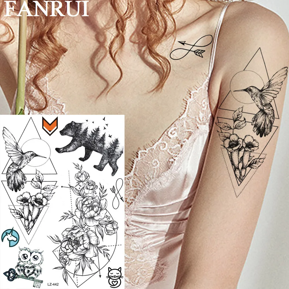 Женские временная татуировка FANRUI красная роза колибри медведь горы треугольные