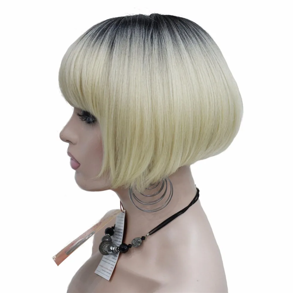 

StrongBeauty Neat Bang Short Bob style Wig Blonde Ombre And dark Root Synthetic Natural Full Wigs