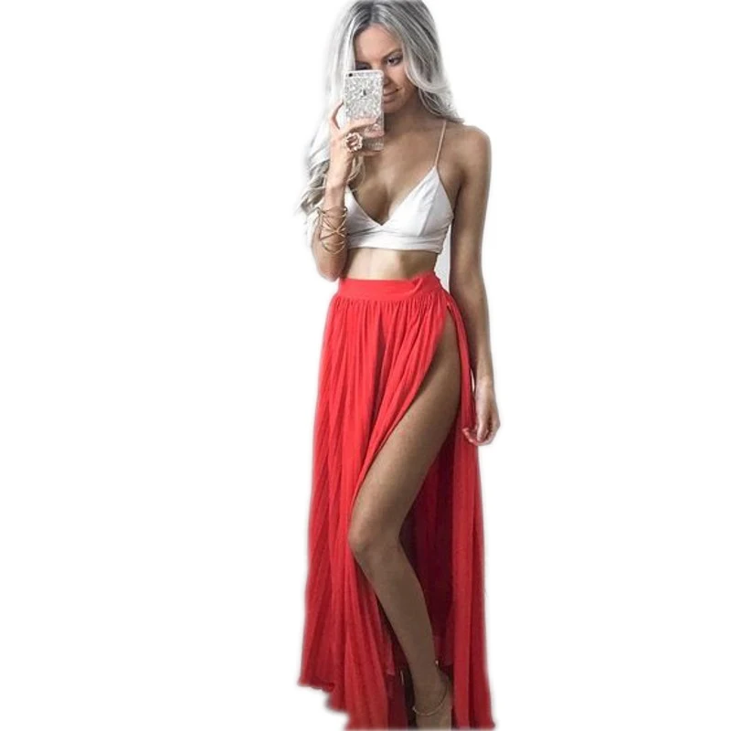 Лидер продаж сексуальные красные юбки Женская длинная трапециевидная юбка макси
