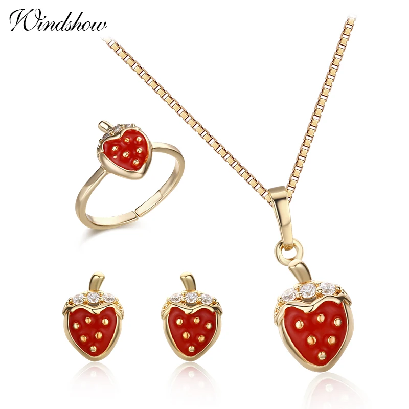 Cute Gold Color Red Strawberry CZ Pendant Necklace Stud Earrings Opened Ring Small Jewelry Sets for Baby Kids Children Girls
Cute Gold Color Red Strawberry CZ Pendant Necklace Stud Earrings Opened Ring Small Jewelry Sets for Baby Kids Children Girls