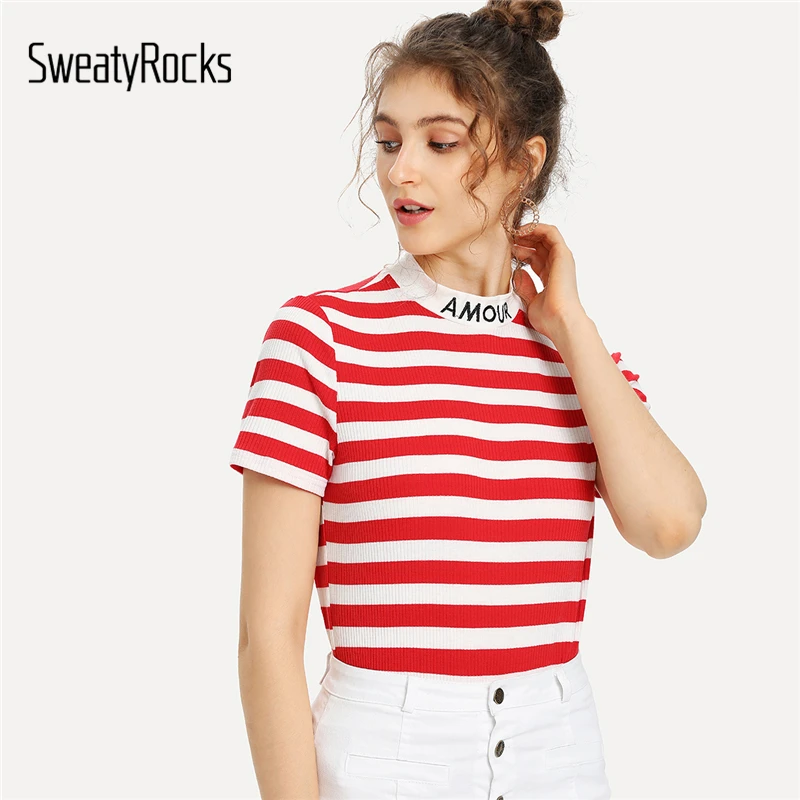 

SweatyRocks Embroidered Mock Neck Striped Ribbed T-shirt 2018 Summer Short Sleeve Stand Collar Top Girl Red Slim Casual Clothing