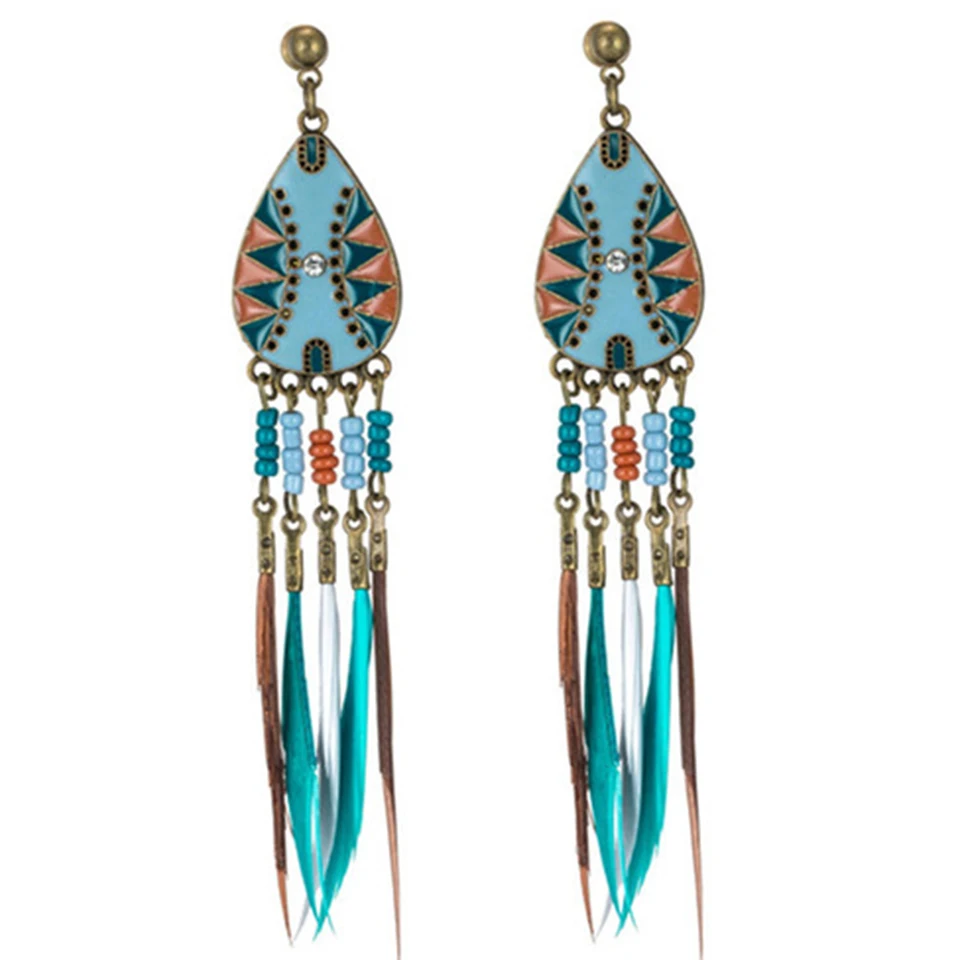 

Indian jewelry Dream catcher long feather earring Ethnic water drop earrings for women Bohemia colorful beads tassel earing boho