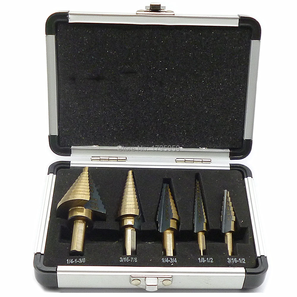 5pc HSS Step Cone Drill Cobalt Coated Hole Cutter High Speed Step Dril Bit Wood Metal Cutter Tool Set with Aluminum Case Box
5pc HSS Step Cone Drill Cobalt Coated Hole Cutter High Speed Step Dril Bit Wood Metal Cutter Tool Set with Aluminum Case Box