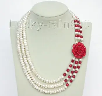 

fine quality jewelry Nobility Woman's jewelry 17"-20" 8mm 3row round white freshwater pearls red coral necklace