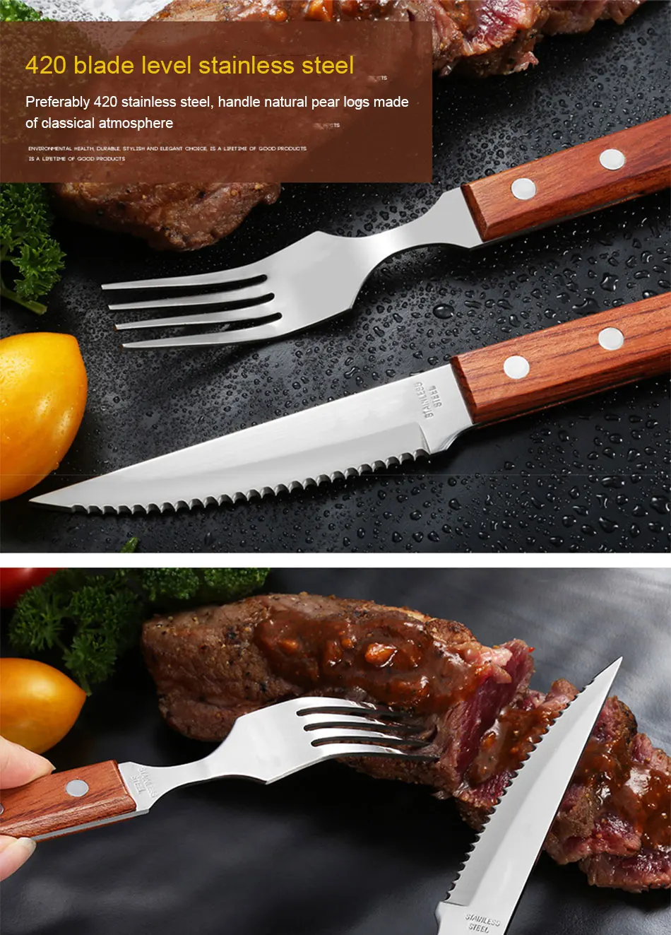 Chic Wooden Handle Dinnerware Set Stainless Steel Black Rosewood Knife Fork Tableware Cutlery European Western Food Set 3pcs (1)